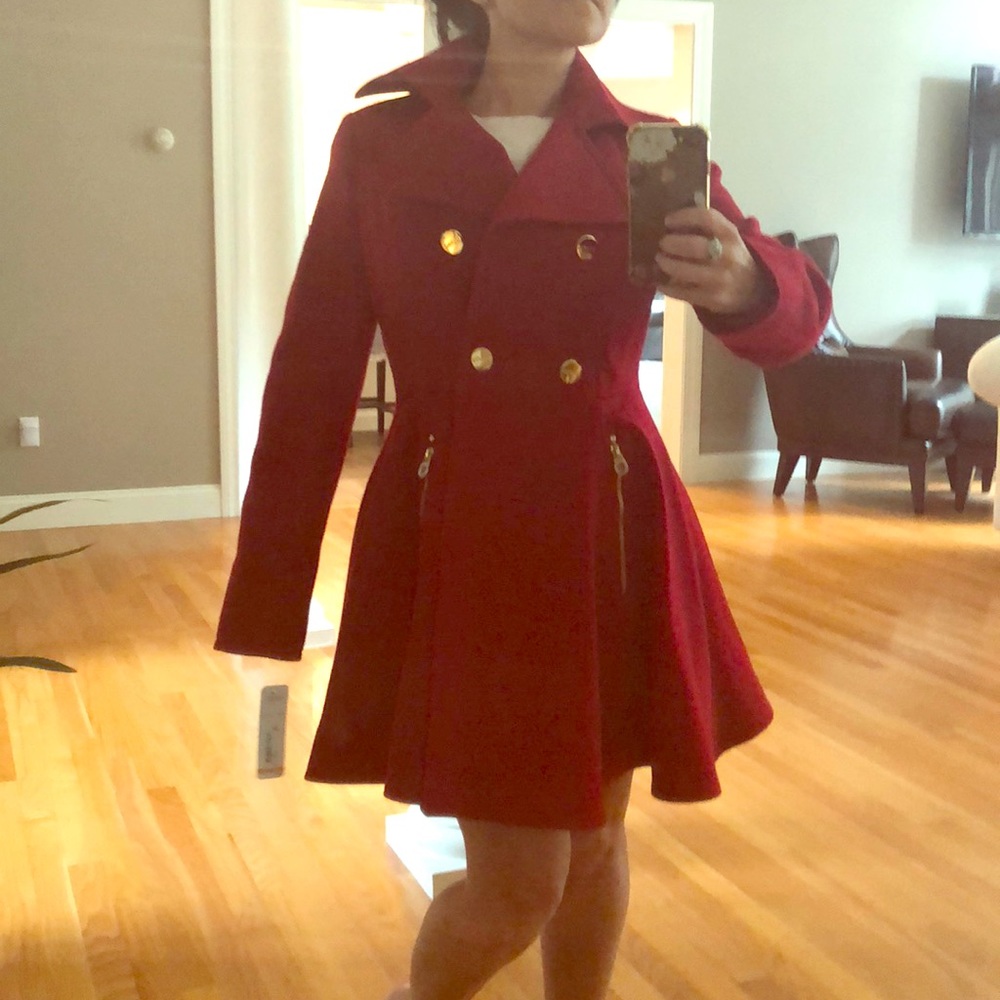 Red winter peacoat burgundy with leopard print